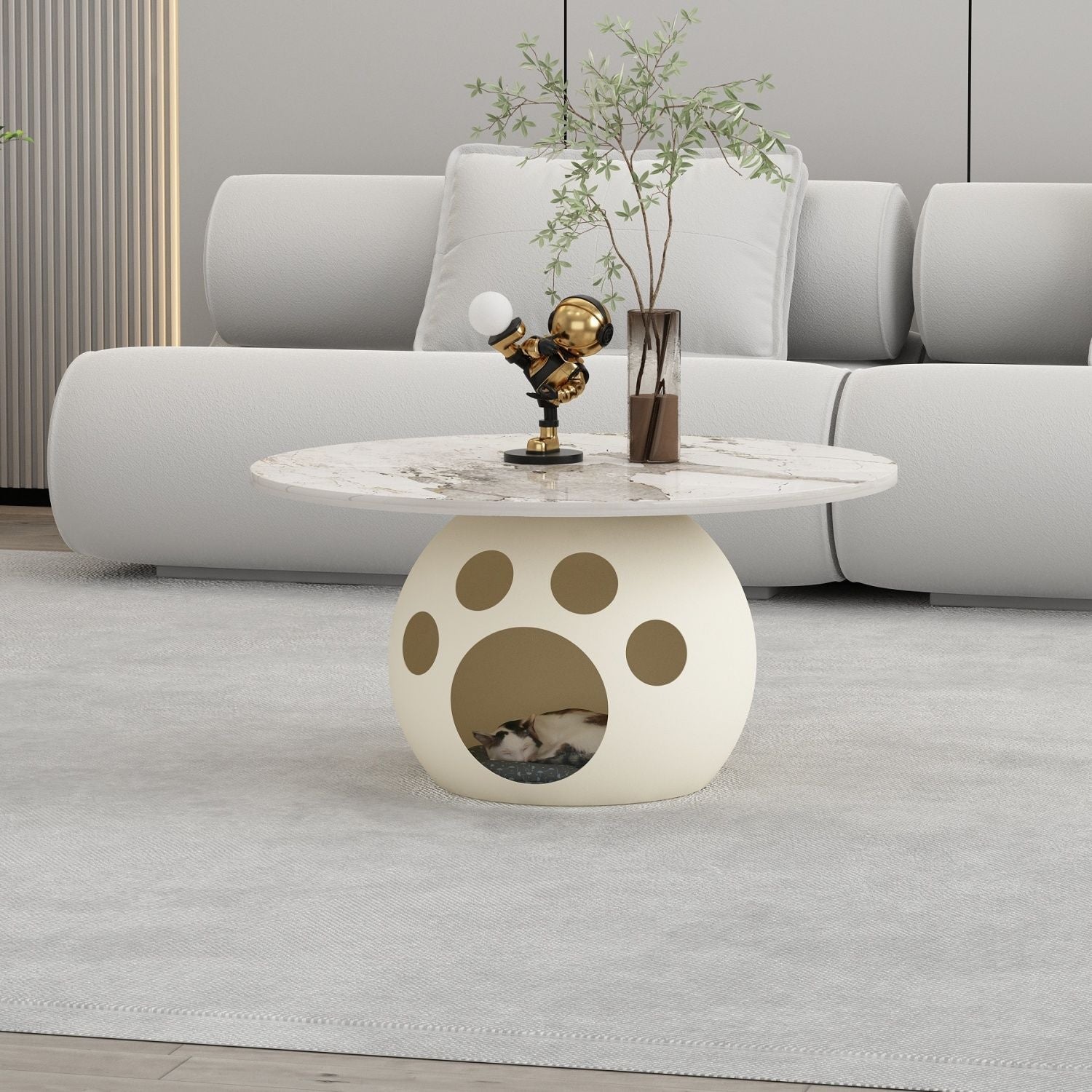Minimalist Steel Wood Stone Round Coffee Table