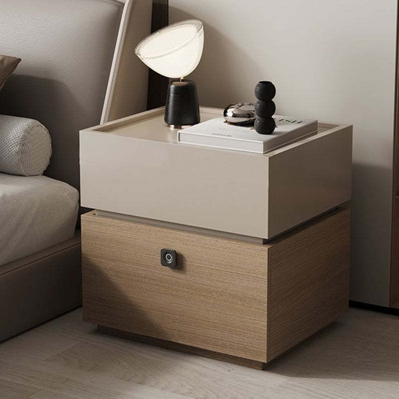 Minimalist Oak 2-Drawer Smart Lock Nightstand — Khaki + Walnut Color