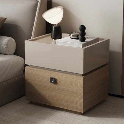 Minimalist Oak 2-Drawer Smart Lock Nightstand — Khaki + Walnut Color