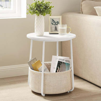 Minimalist Metal Round Fabric Basket Side Table — White