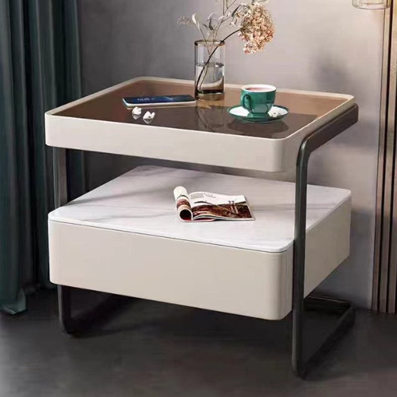 Minimalist Stone Glass Leather 1-Drawer Nightstand