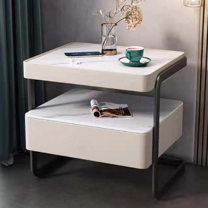Minimalist 1-drawer nightstands in leather — Beige / Faux Marble