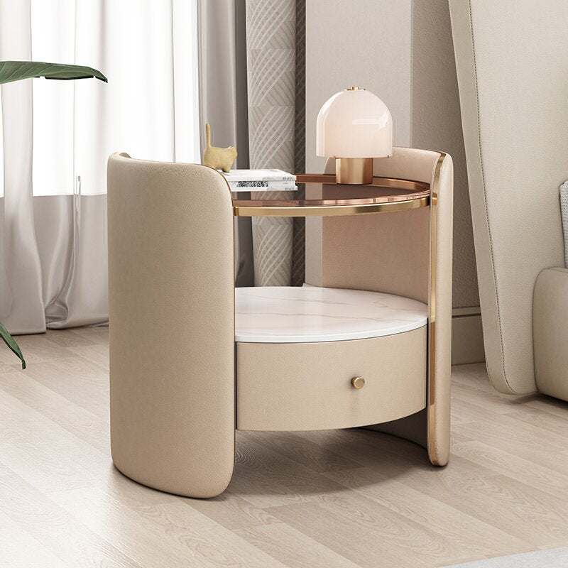 Minimalist Glass 1-Drawer Nightstand — Cream Gray
