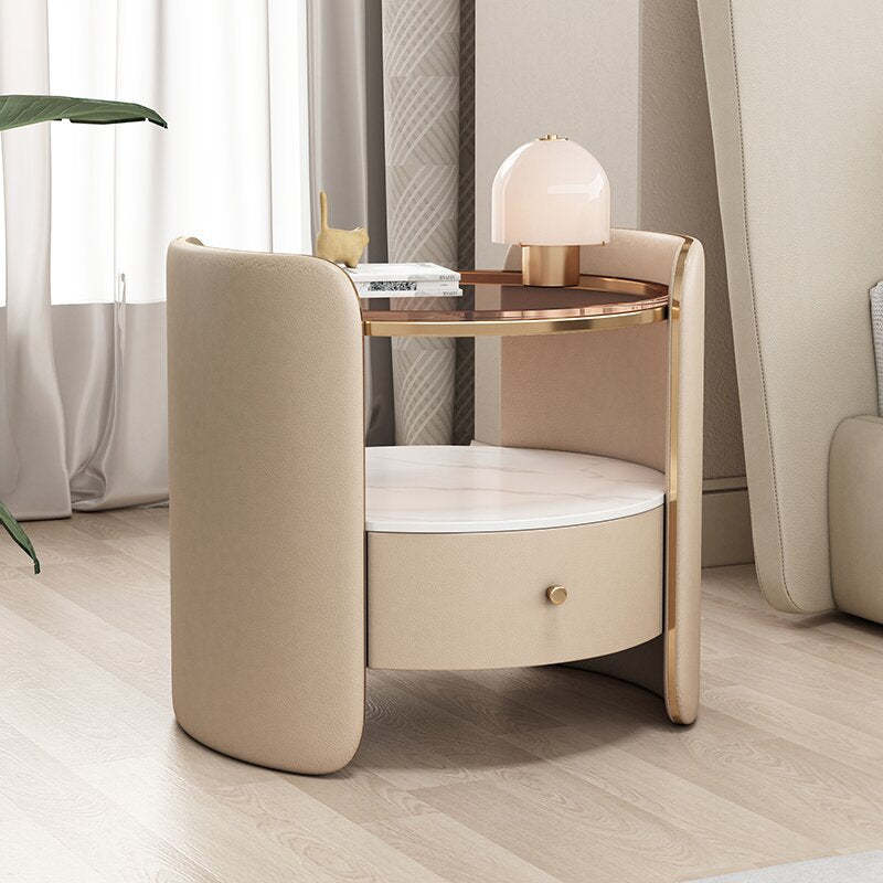 Minimalist Glass 1-Drawer Nightstand — Cream Gray