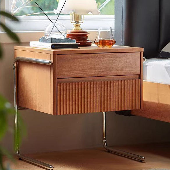 Scandinavian Wood Steel Striped Nightstand — Wood Color