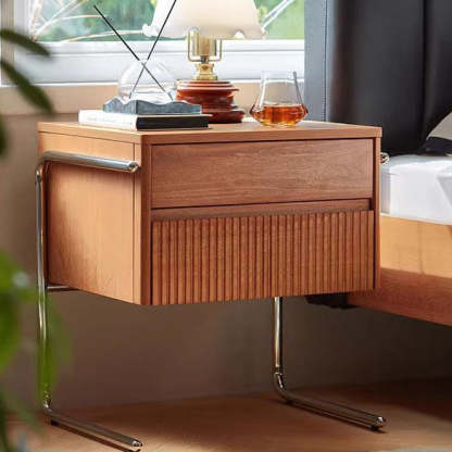 Scandinavian Wood Steel Striped Nightstand — Wood Color