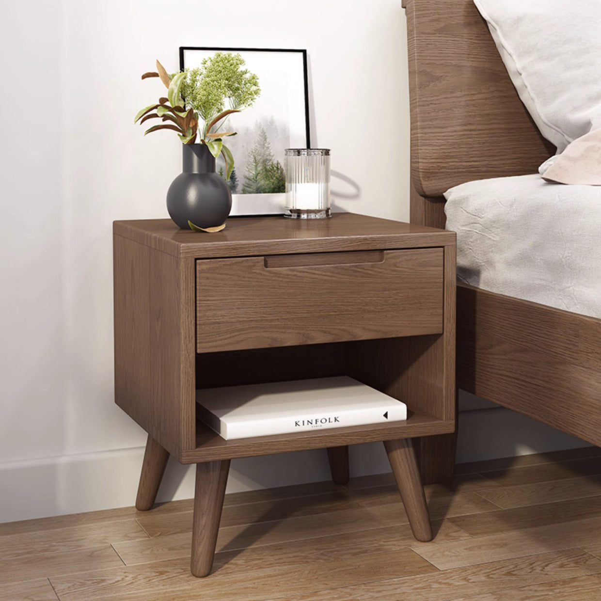 Minimalist Rubberwood Rounded Nightstand 1-Drawer