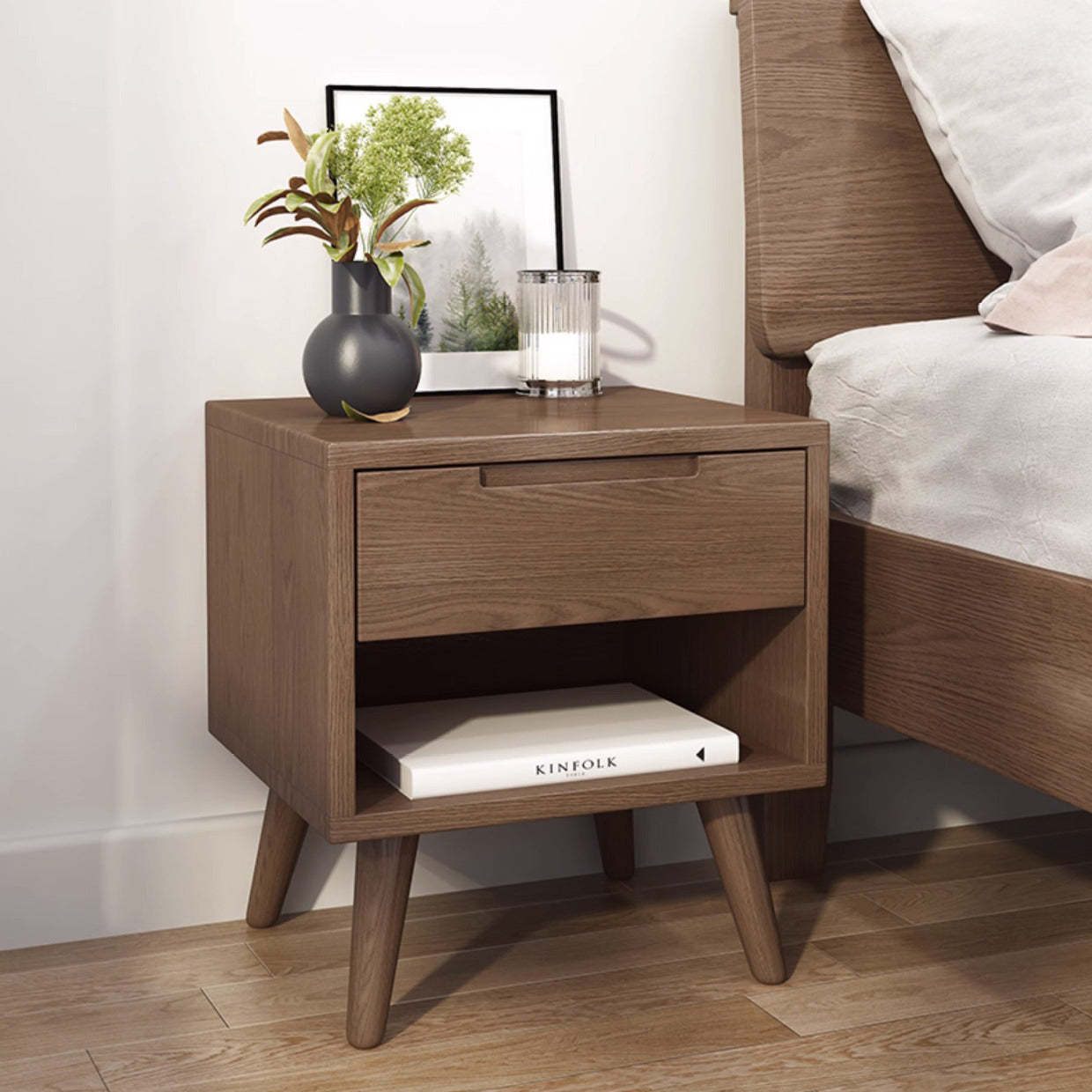 Minimalist Rubberwood Rounded Nightstand 1-Drawer