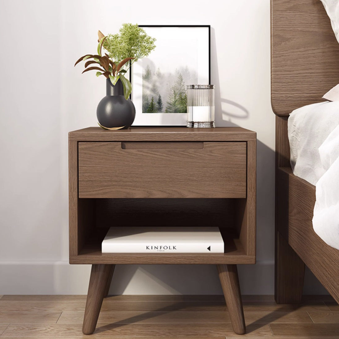 Minimalist Rubberwood Rounded Nightstand 1-Drawer — Original Wood Color