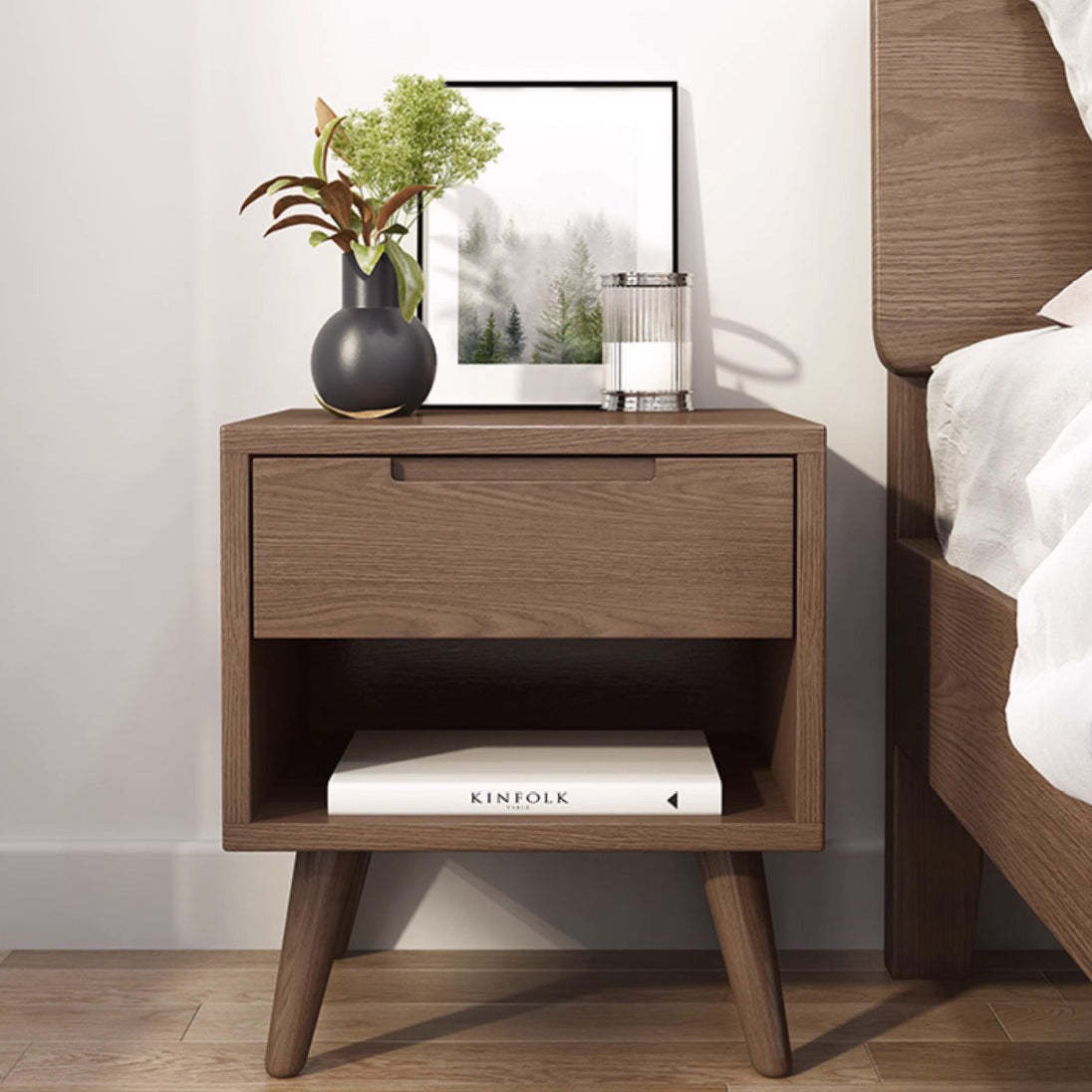 Minimalist Rubberwood Rounded Nightstand 1-Drawer — Original Wood Color