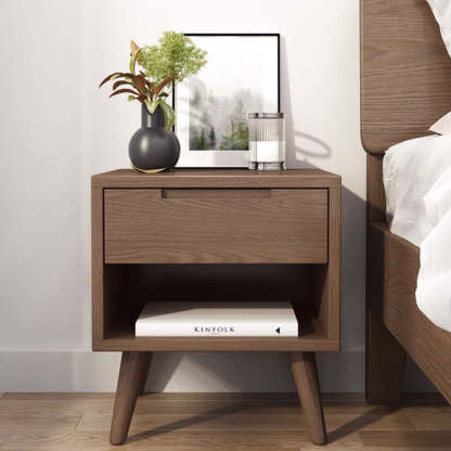 Minimalist Rubberwood Rounded Nightstand 1-Drawer — Original Wood Color