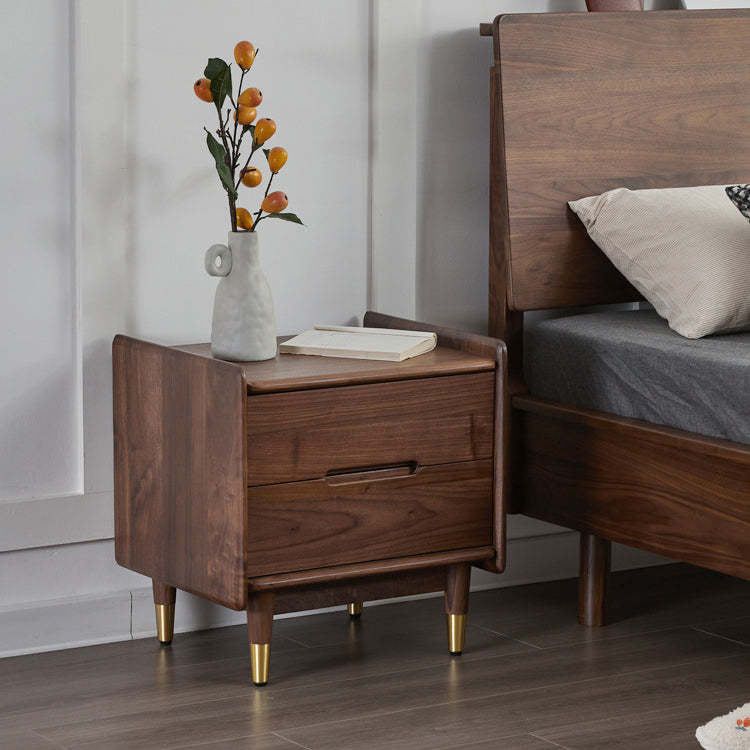 Scandinavian Black Walnut Nightstand 2-Drawer — Walnut Color