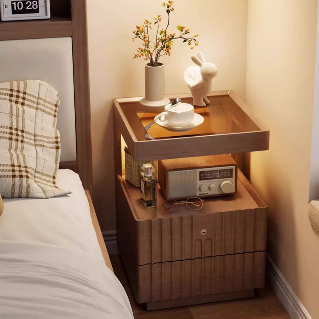 Chinese Wood Glass Striped Nightstand 2-Drawer