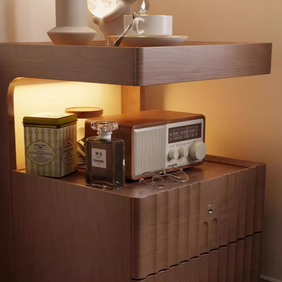 Chinese Wood Glass Striped Nightstand 2-Drawer