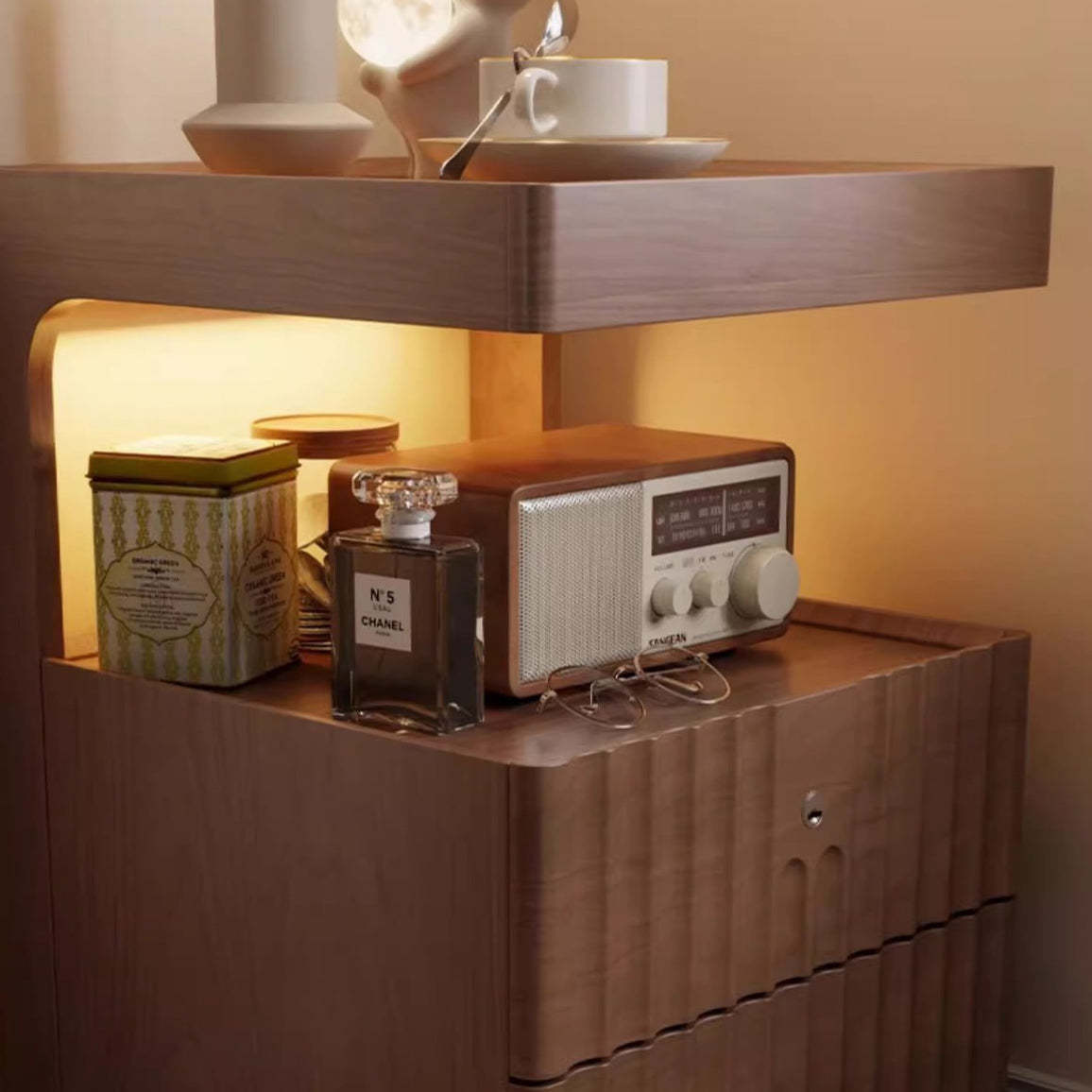 Chinese Wood Glass Striped Nightstand 2-Drawer