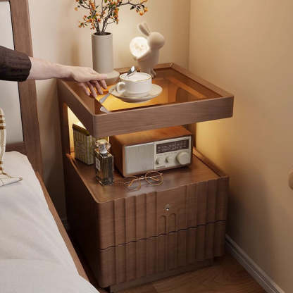 Chinese Wood Glass Striped Nightstand 2-Drawer