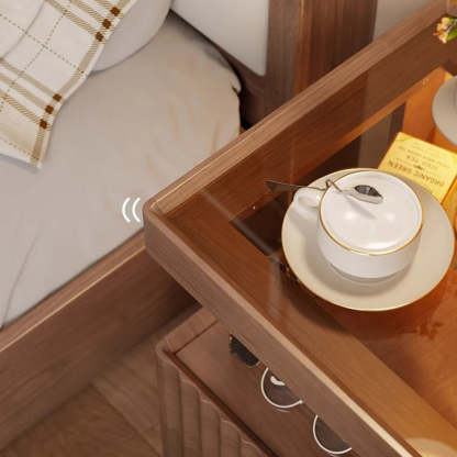 Chinese Wood Glass Striped Nightstand 2-Drawer