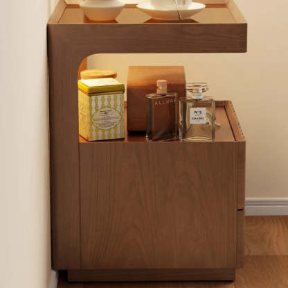 Chinese Wood Glass Striped Nightstand 2-Drawer