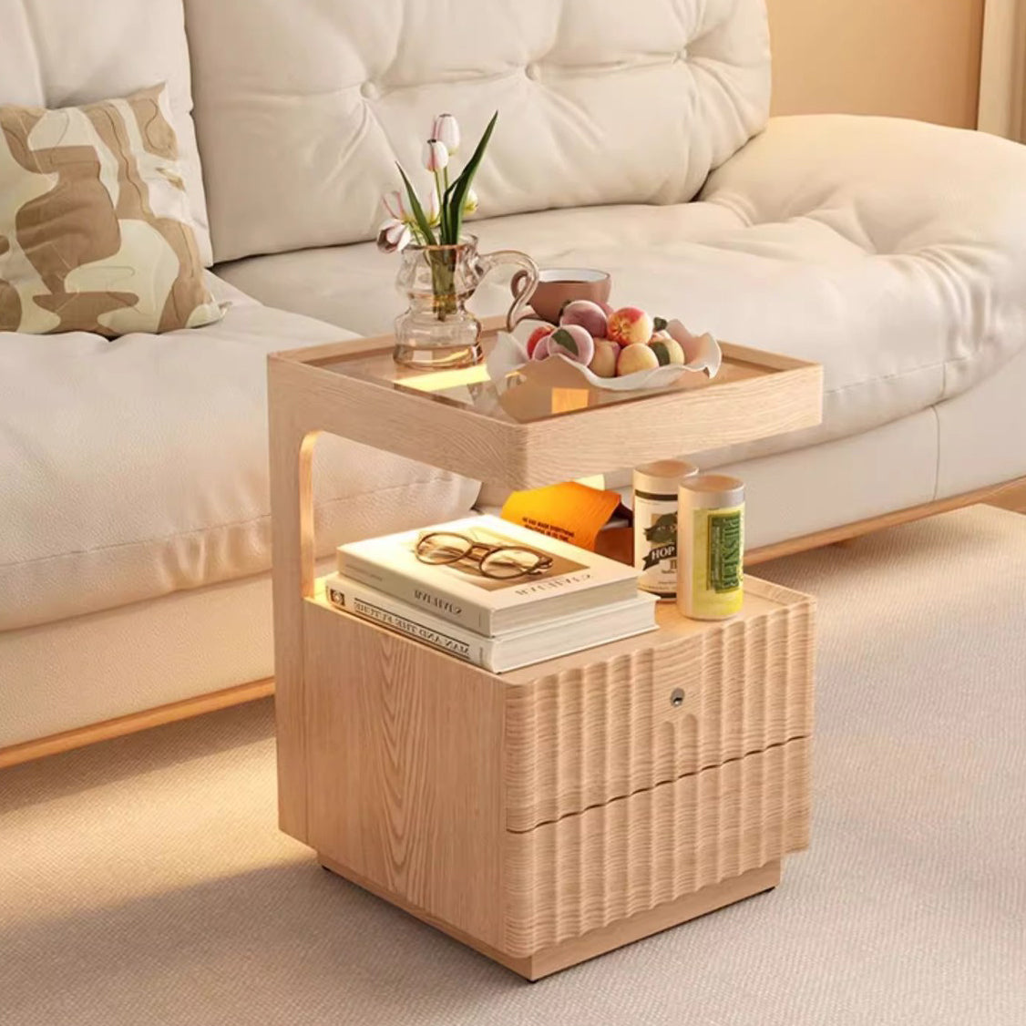 Chinese Wood Glass Striped Nightstand 2-Drawer — Cherry Wood Color