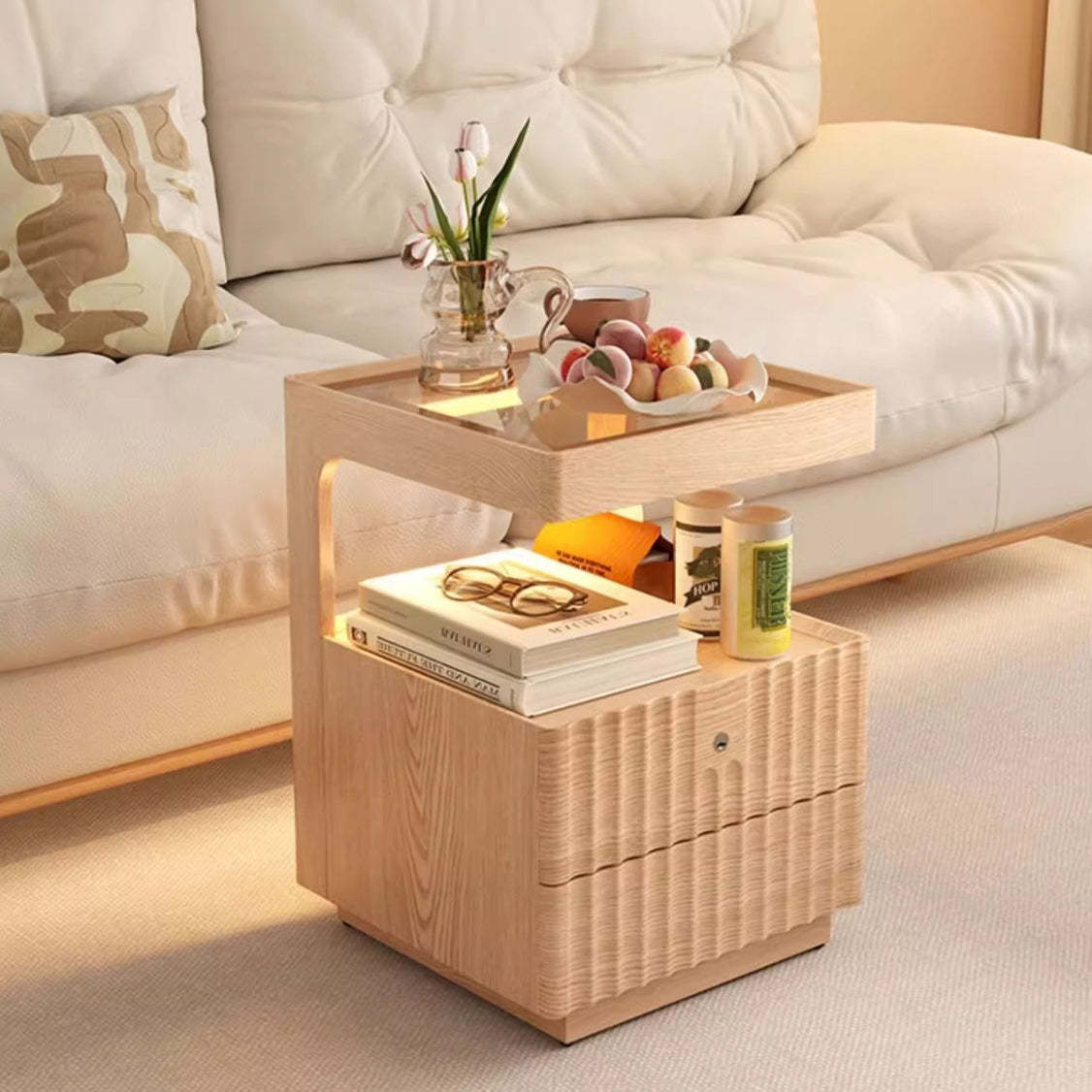 Chinese Wood Glass Striped Nightstand 2-Drawer — Cherry Wood Color