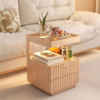 Chinese Wood Glass Striped Nightstand 2-Drawer — Cherry Wood Color