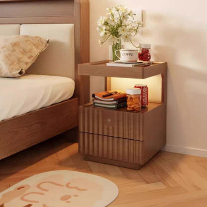 Chinese Wood Glass Striped Nightstand 2-Drawer