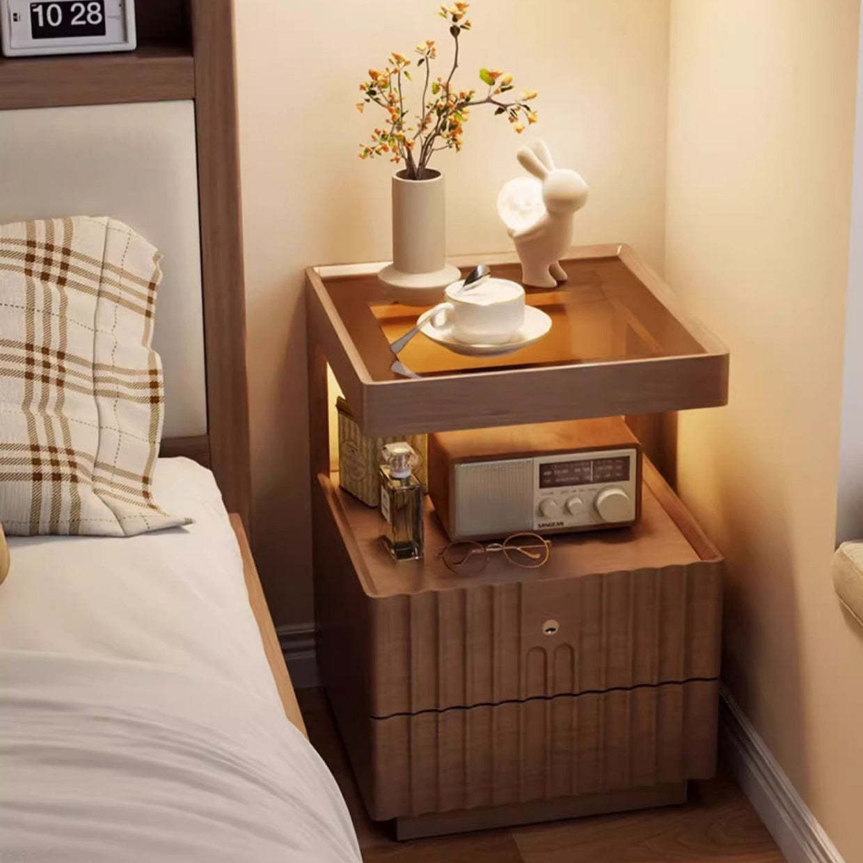 Chinese Wood Glass Striped Nightstand 2-Drawer