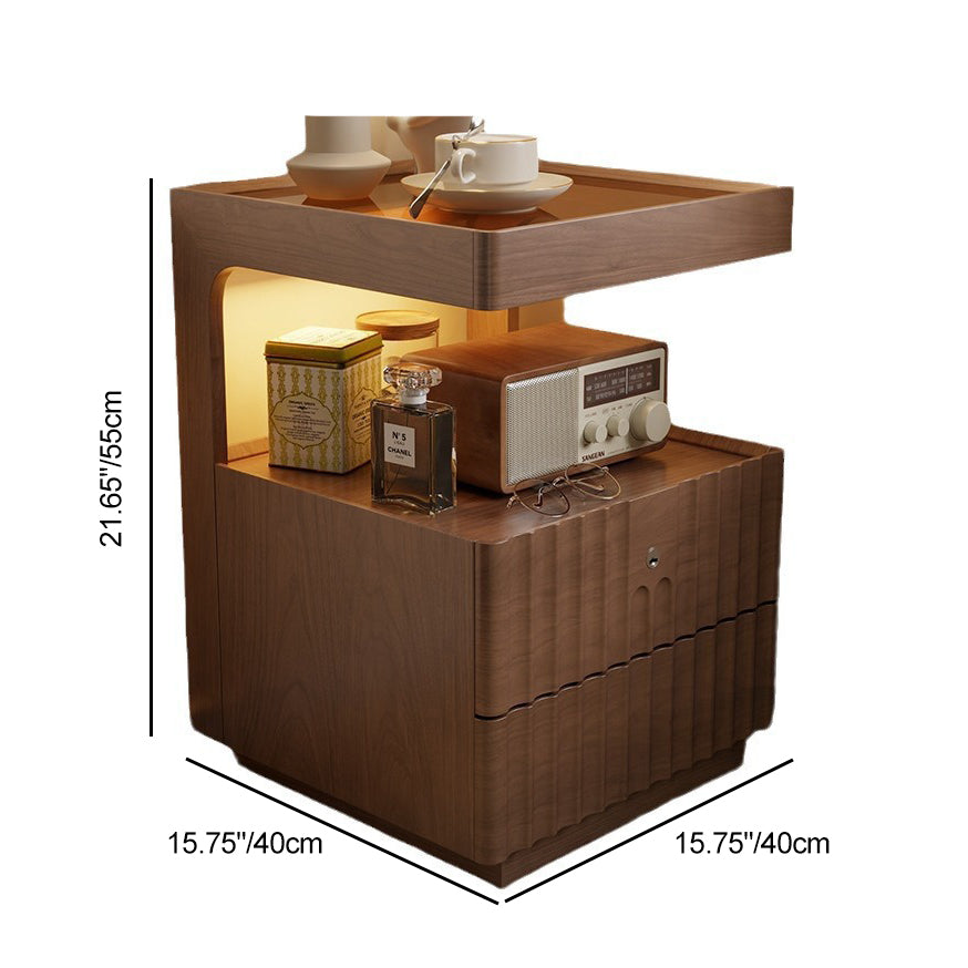 Chinese Wood Glass Striped Nightstand 2-Drawer
