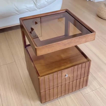 Chinese Wood Glass Striped Nightstand 2-Drawer