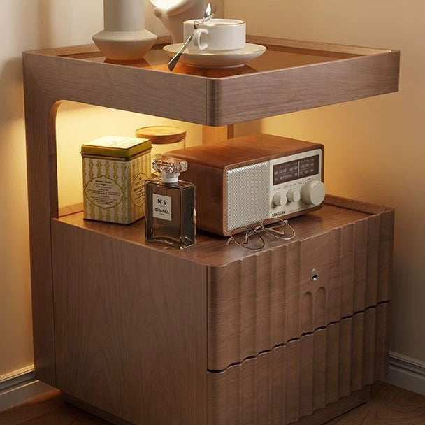 Chinese Wood Glass Striped Nightstand 2-Drawer