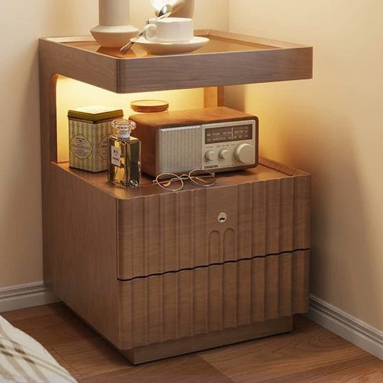 Chinese Wood Glass Striped Nightstand 2-Drawer