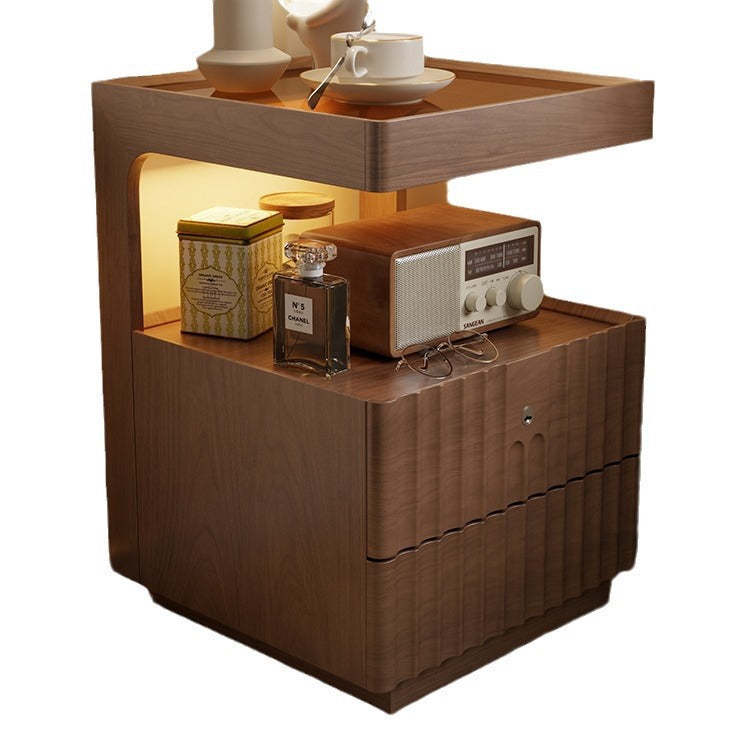 Chinese Wood Glass Striped Nightstand 2-Drawer