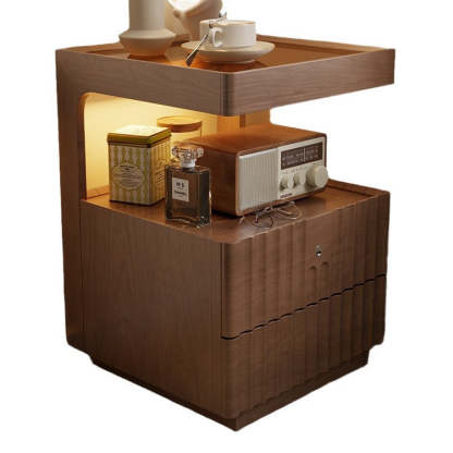 Chinese Wood Glass Striped Nightstand 2-Drawer