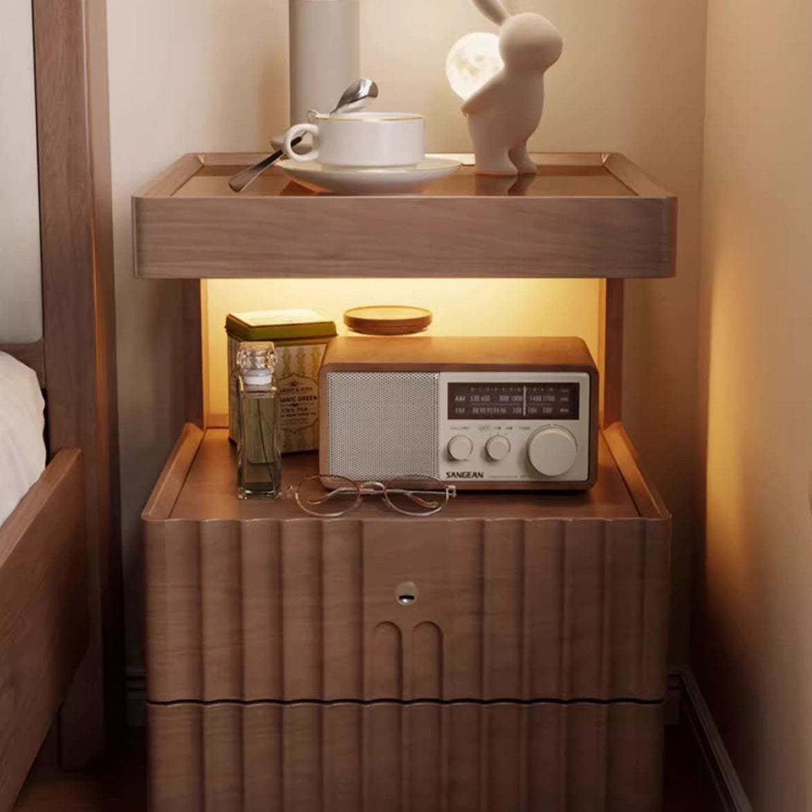 Chinese Wood Glass Striped Nightstand 2-Drawer