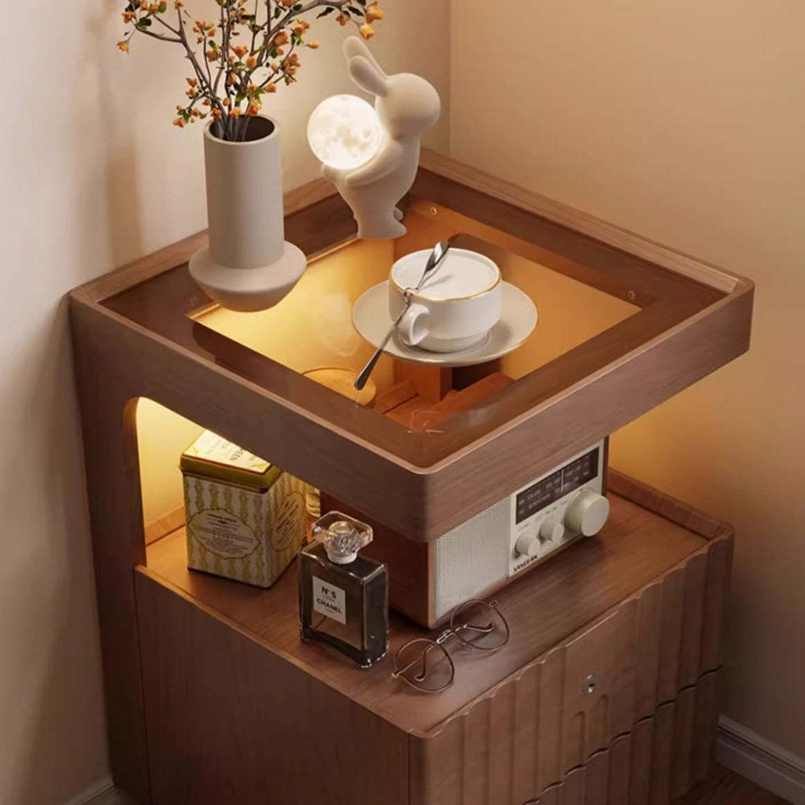 Chinese Wood Glass Striped Nightstand 2-Drawer