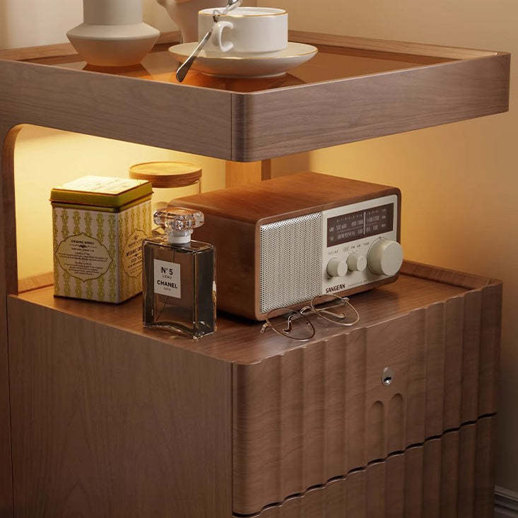 Chinese Wood Glass Striped Nightstand 2-Drawer