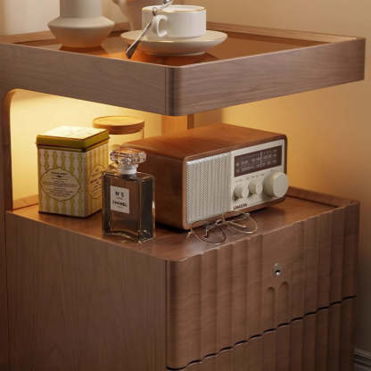 Chinese Wood Glass Striped Nightstand 2-Drawer