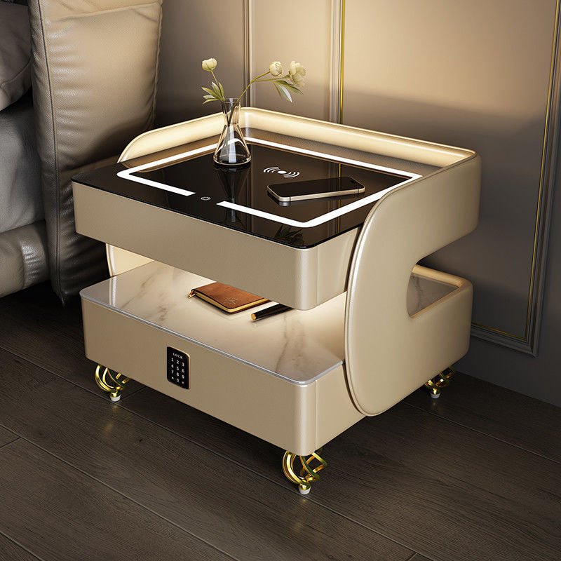 Scandinavian Sintered Stone Glass Wood Nightstand 2-Tier — Normal Model / Beige