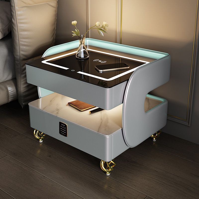 Scandinavian Sintered Stone Glass Wood Nightstand 2-Tier