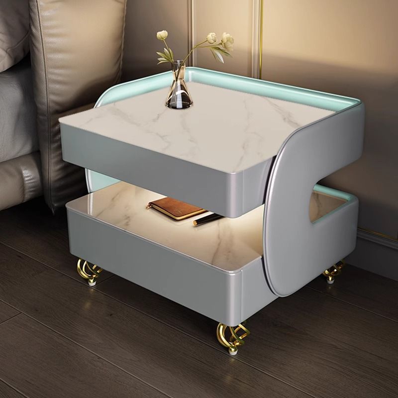 Scandinavian Sintered Stone Glass Wood Nightstand 2-Tier