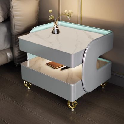 Scandinavian Sintered Stone Glass Wood Nightstand 2-Tier