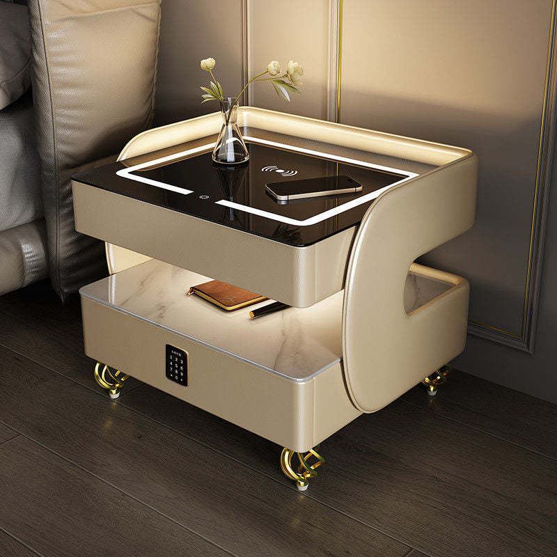 Scandinavian Sintered Stone Glass Wood Nightstand 2-Tier
