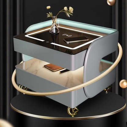 Scandinavian Sintered Stone Glass Wood Nightstand 2-Tier