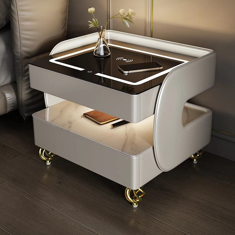 Scandinavian Sintered Stone Glass Wood Nightstand 2-Tier