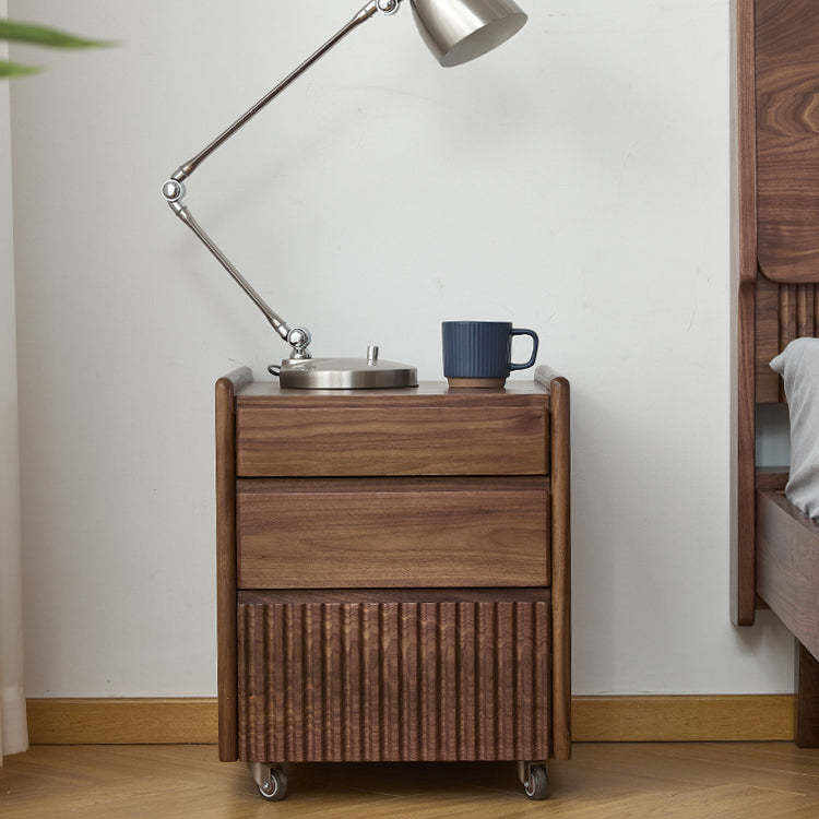 Vintage Walnut Piano-Key Movable Nightstand 3-Drawer — Walnut Color