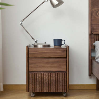 Vintage Walnut Piano-Key Movable Nightstand 3-Drawer — Walnut Color