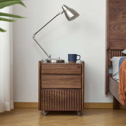Vintage Walnut Piano-Key Movable Nightstand 3-Drawer
