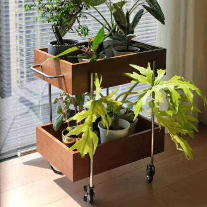 Chinese Wood Metal Movable End Table 2-Tier — Cherry Wood Color