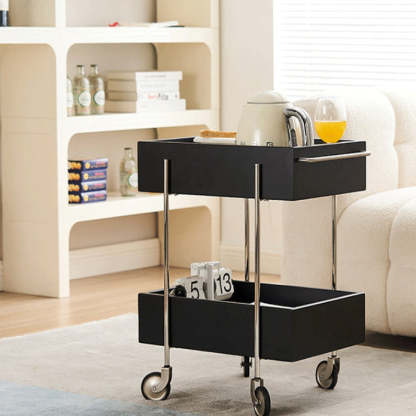 Chinese Wood Metal Movable End Table 2-Tier — Walnut Color