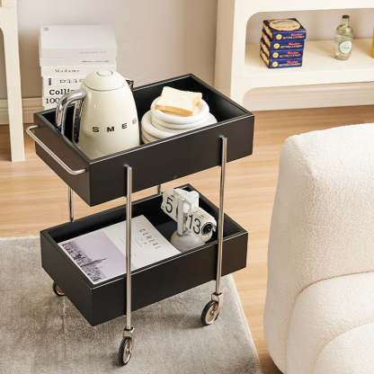 Chinese Wood Metal Movable End Table 2-Tier